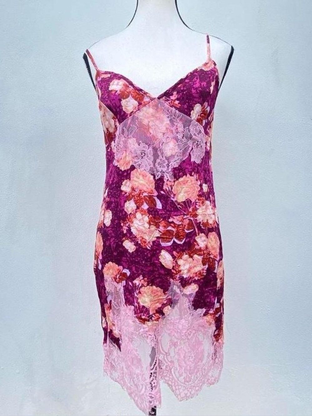 Free People Purple Multicolor Sunfade Satin & Pink Lace Slip Dress Size Small